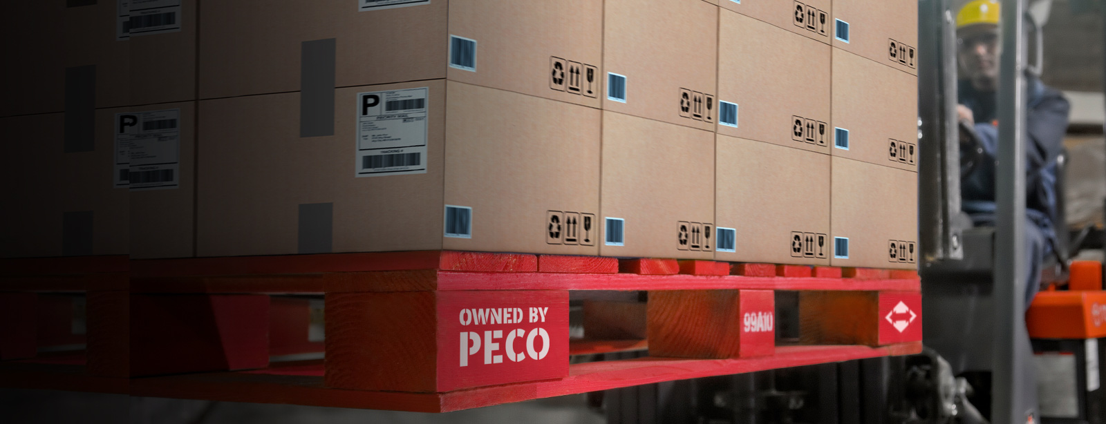 Banner Image of Home Page - Stacked of PECO Pallets on a folklift with two PECO workers.